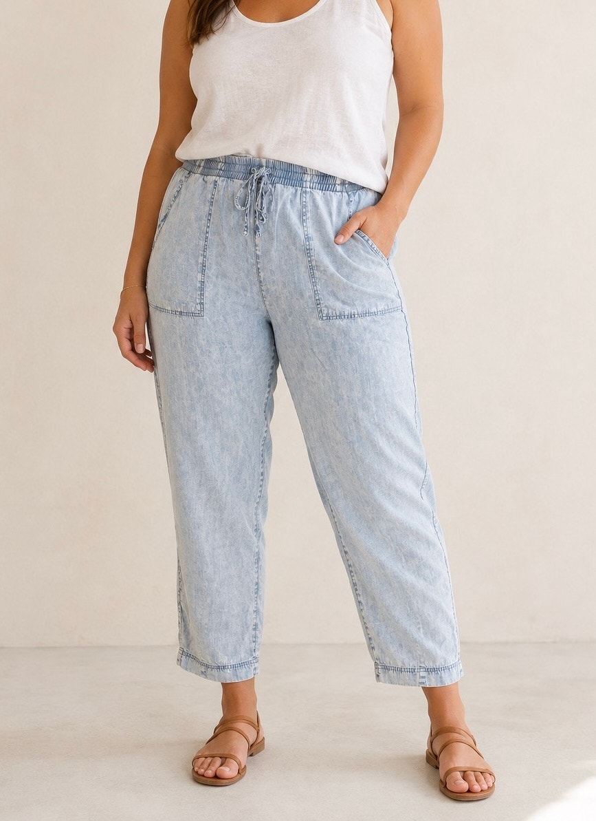 Splendid Women’s Lyocell Pull On Cropped Pants Acid Wash Blue Size Xl